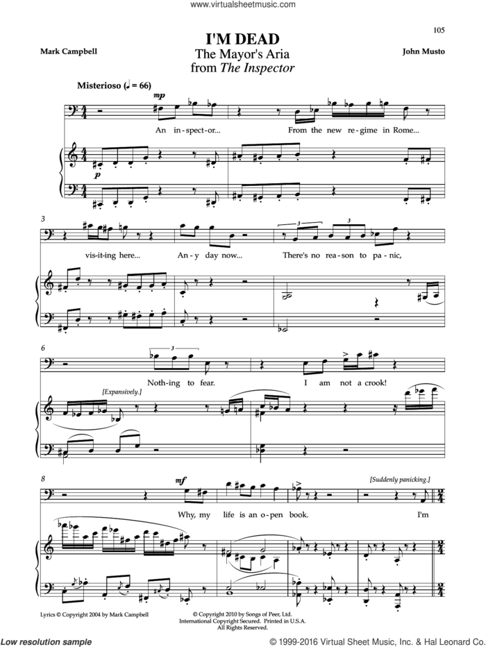 I'm Dead sheet music for voice and piano by Mark Campbell and John Musto, classical score, intermediate skill level