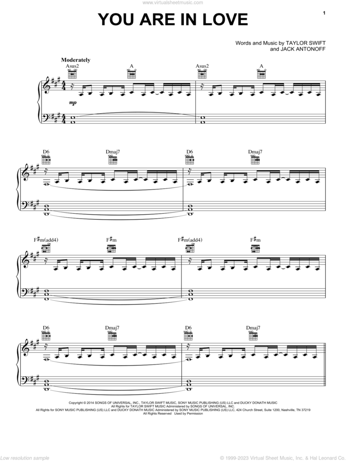 You Are In Love sheet music for voice, piano or guitar by Taylor Swift and Jack Antonoff, intermediate skill level