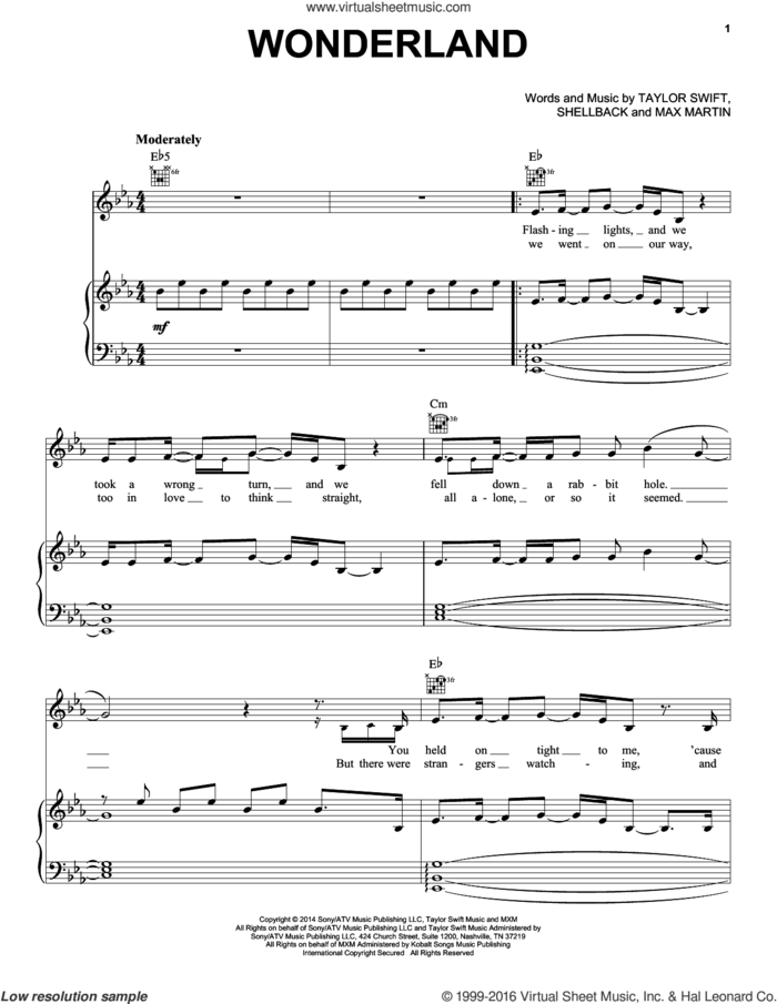 Wonderland sheet music for voice, piano or guitar by Taylor Swift, Max Martin and Shellback, intermediate skill level