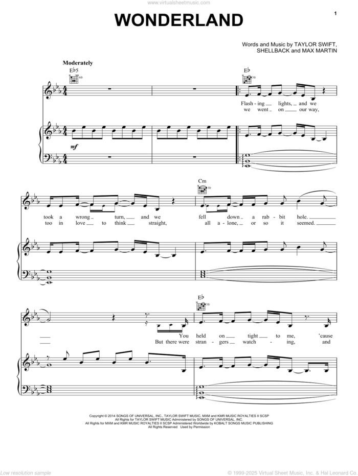 Wonderland sheet music for voice, piano or guitar by Taylor Swift, Max Martin and Shellback, intermediate skill level