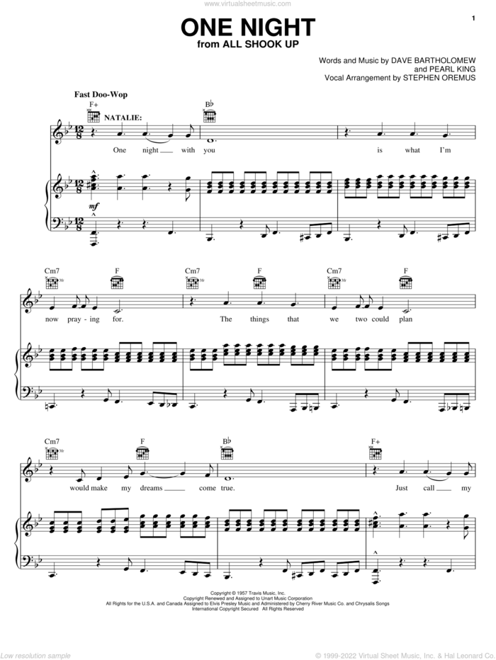 One Night sheet music for voice, piano or guitar by Elvis Presley, All Shook Up (Musical), Dave Bartholomew and Pearl King, intermediate skill level