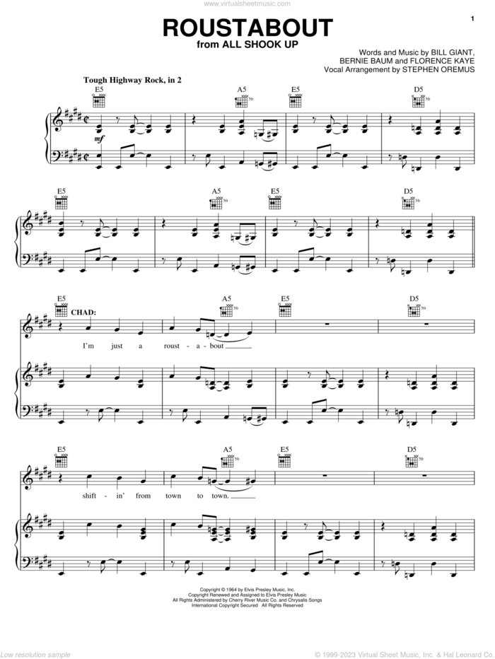 Roustabout sheet music for voice, piano or guitar by Elvis Presley, All Shook Up (Musical), Bernie Baum, Bill Giant and Florence Kaye, intermediate skill level