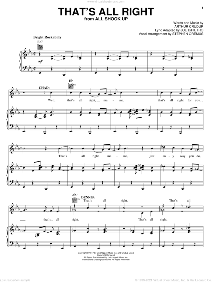 That's All Right sheet music for voice, piano or guitar by Elvis Presley, All Shook Up (Musical), Johnny Cash and Arthur Crudup, intermediate skill level