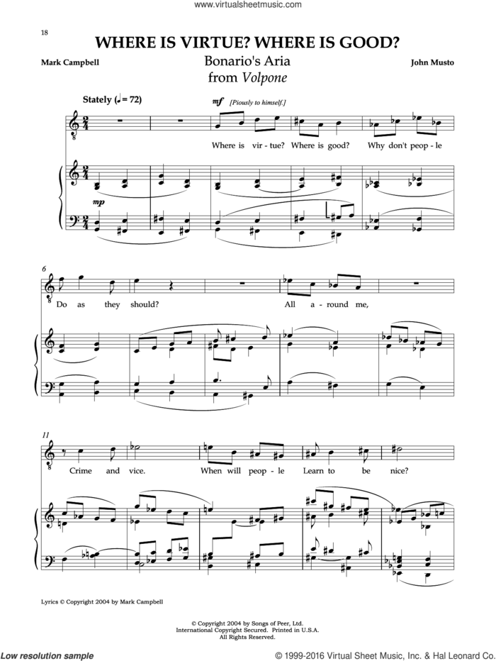 Where Is Virtue? Where Is Good? sheet music for voice and piano by Mark Campbell and John Musto, classical score, intermediate skill level