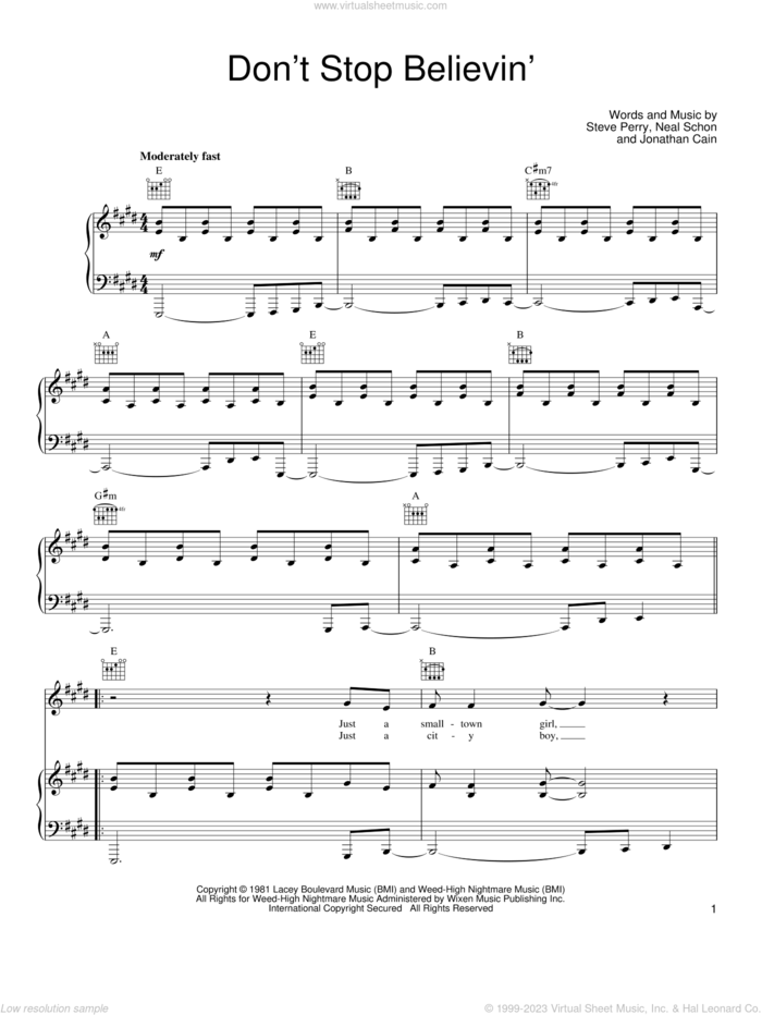Don't Stop Believin' sheet music for voice, piano or guitar by Journey, Miscellaneous, Jonathan Cain, Neal Schon and Steve Perry, intermediate skill level