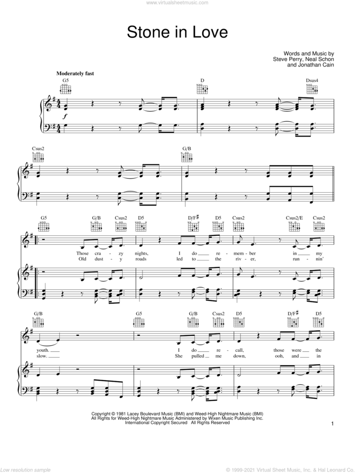 Stone In Love sheet music for voice, piano or guitar by Journey, Jonathan Cain, Neal Schon and Steve Perry, intermediate skill level