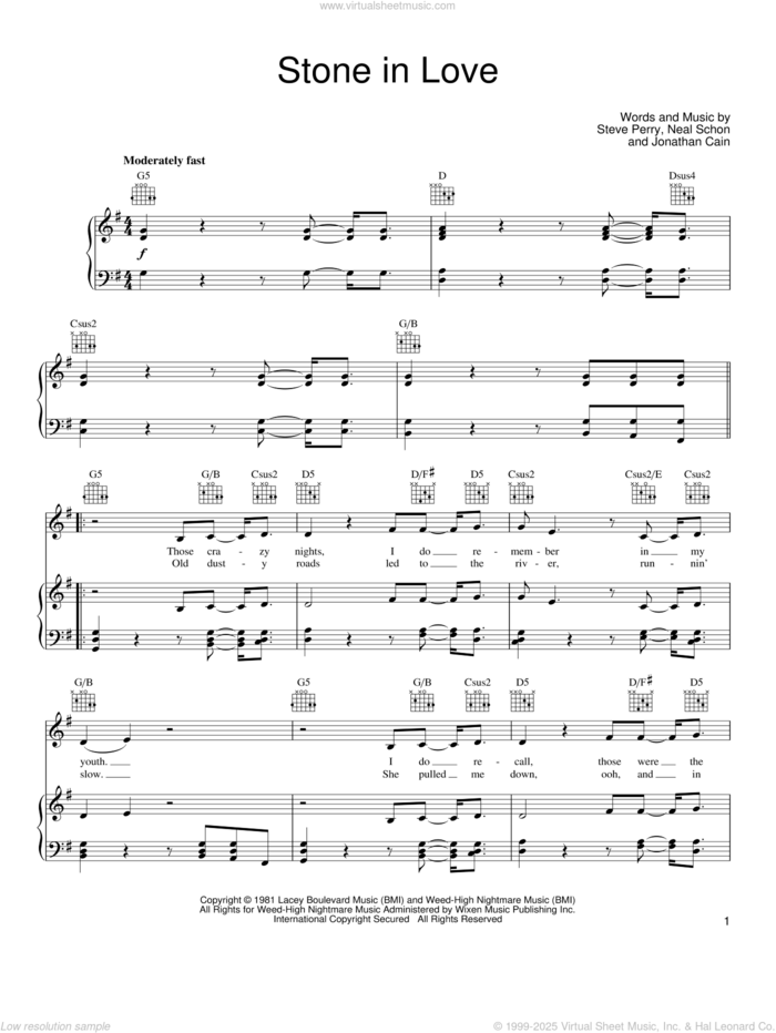 Stone In Love sheet music for voice, piano or guitar by Journey, Jonathan Cain, Neal Schon and Steve Perry, intermediate skill level