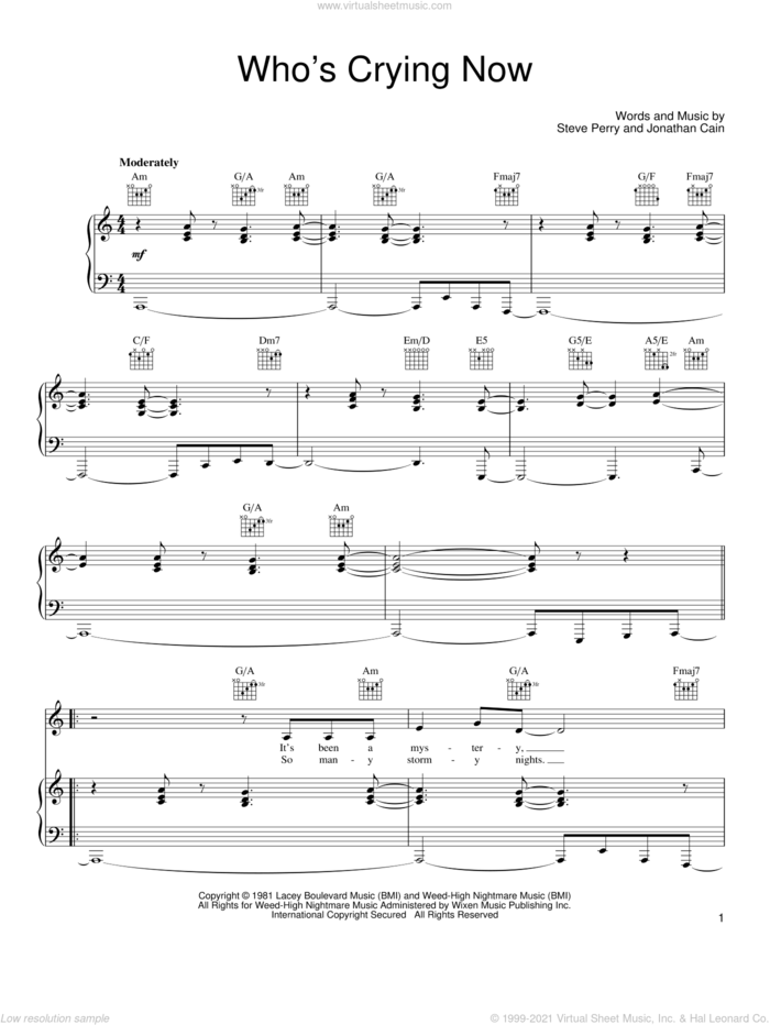 Who's Crying Now sheet music for voice, piano or guitar by Journey, Jonathan Cain and Steve Perry, intermediate skill level