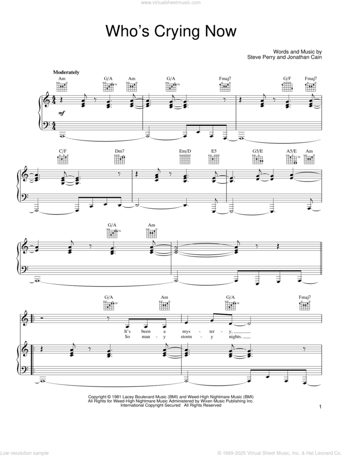 Who's Crying Now sheet music for voice, piano or guitar by Journey, Jonathan Cain and Steve Perry, intermediate skill level