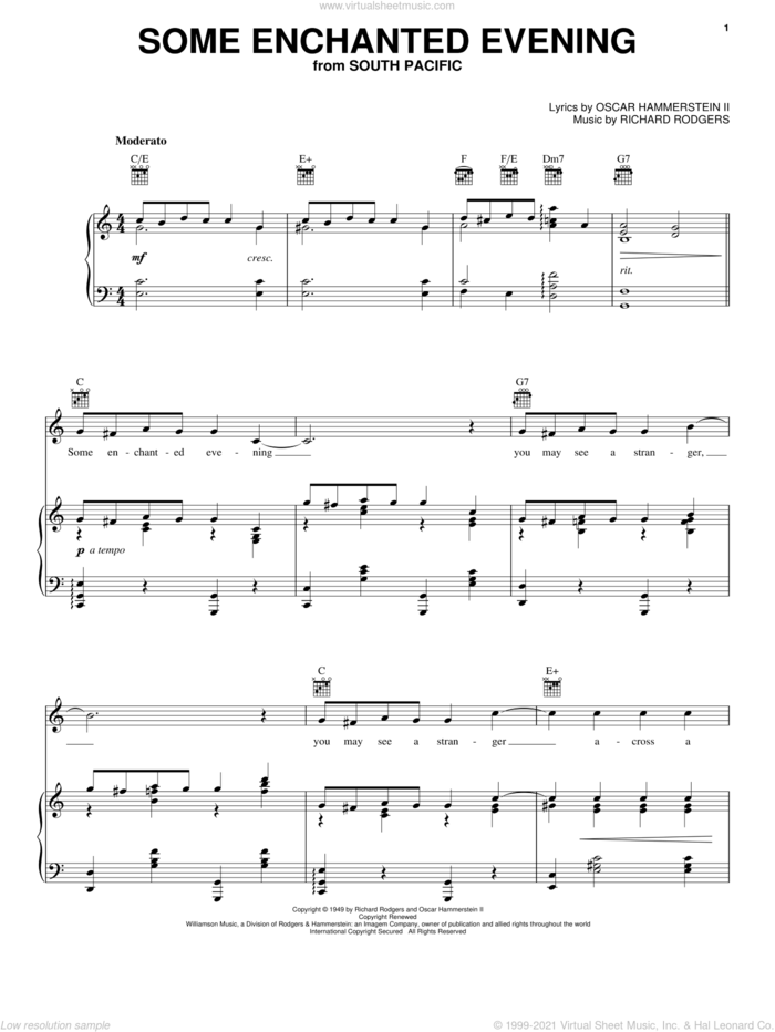 Some Enchanted Evening (from South Pacific) sheet music for voice, piano or guitar by Rodgers & Hammerstein, South Pacific (Musical), Oscar II Hammerstein and Richard Rodgers, intermediate skill level