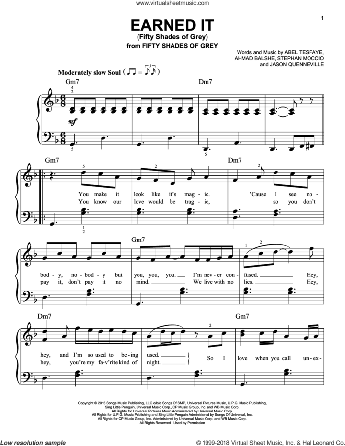 Earned It (Fifty Shades Of Grey) sheet music for piano solo by The Weeknd, Abel Tesfaye, Ahmad Balshe, Jason Quenneville and Stephan Moccio, easy skill level