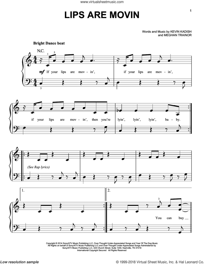Lips Are Movin sheet music for piano solo by Meghan Trainor and Kevin Kadish, easy skill level