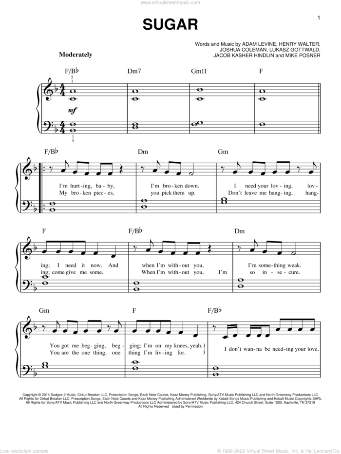 Sugar sheet music for piano solo by Maroon 5, Adam Levine, Henry Walter, Jacob Kasher Hindlin, Joshua Coleman, Lukasz Gottwald and Mike Posner, easy skill level