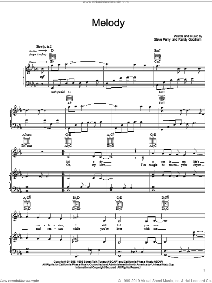 Melody sheet music for voice, piano or guitar by Steve Perry and Randy Goodrum, intermediate skill level