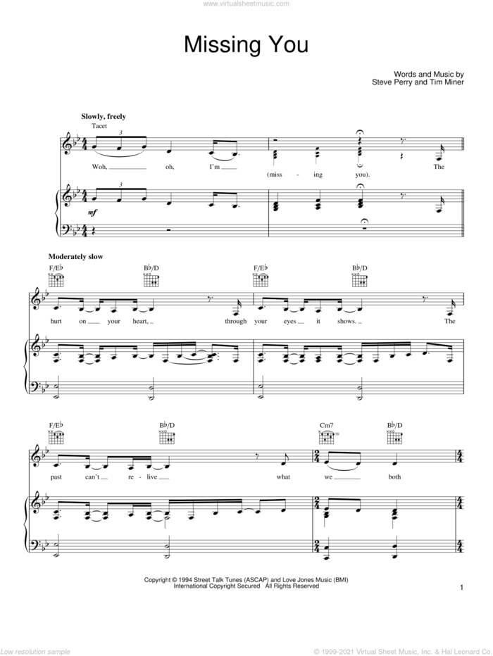 Missing You sheet music for voice, piano or guitar by Steve Perry and Tim Miner, intermediate skill level