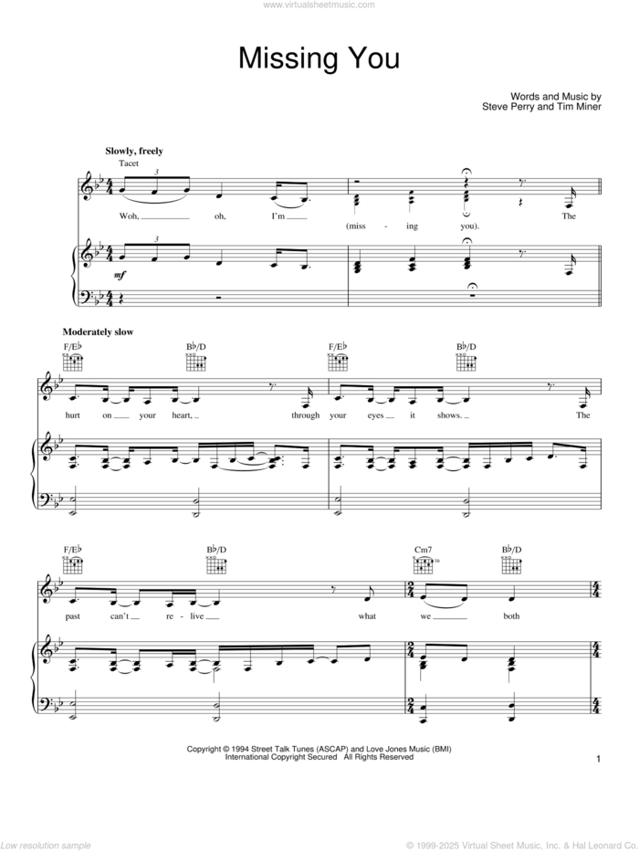 Missing You sheet music for voice, piano or guitar by Steve Perry and Tim Miner, intermediate skill level