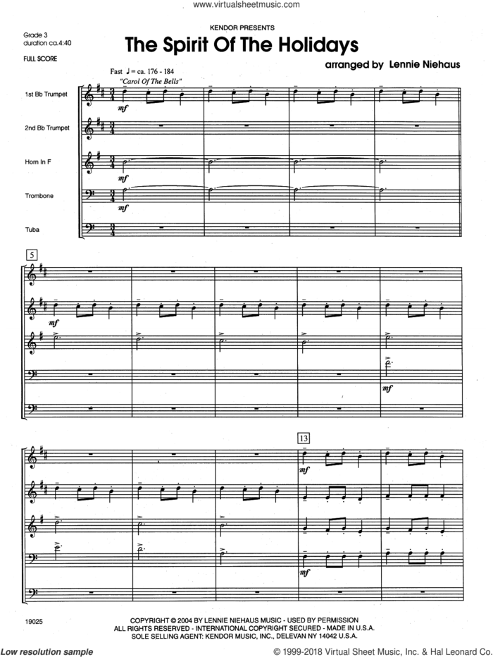 The Spirit Of The Holidays (COMPLETE) sheet music for brass quintet by Lennie Niehaus, intermediate skill level
