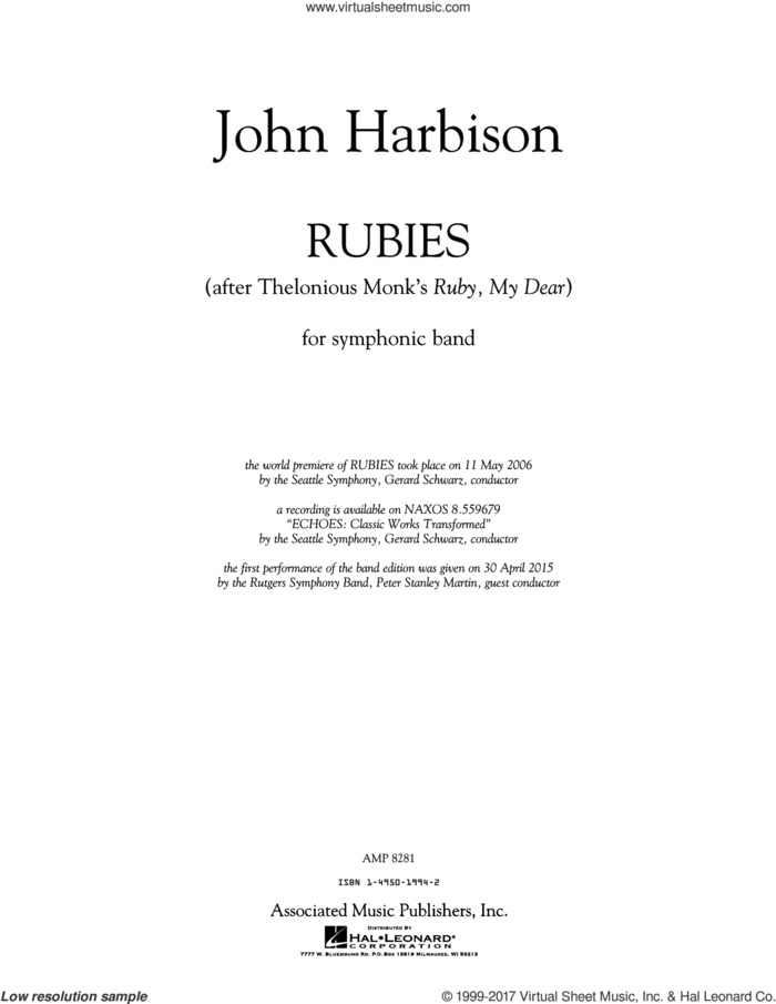Rubies (After Thelonious Monk's 'Ruby, My Dear') (COMPLETE) sheet music for concert band by Thelonious Monk, John Harbison and Peter Stanley Martin, intermediate skill level