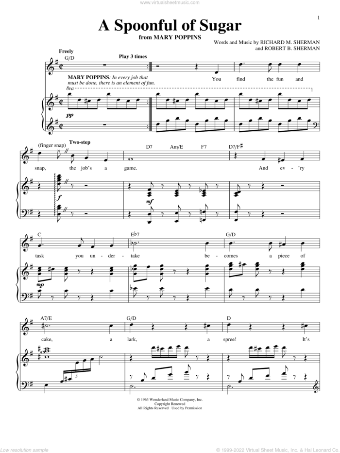 A Spoonful Of Sugar (from Mary Poppins) sheet music for voice and piano by Richard M. Sherman and Robert B. Sherman, intermediate skill level
