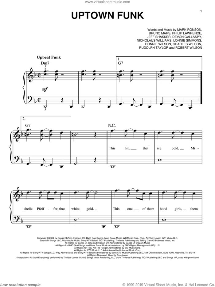 Uptown Funk (feat. Bruno Mars), (easy) sheet music for piano solo by Mark Ronson, Mark Ronson ft. Bruno Mars, Bruno Mars, Charles Wilson, Devon Gallaspy, Jeff Bhasker, Lonnie Simmons, Nicholaus Williams, Philip Lawrence, Robert Wilson, Ronnie Wilson and Rudolph Taylor, easy skill level