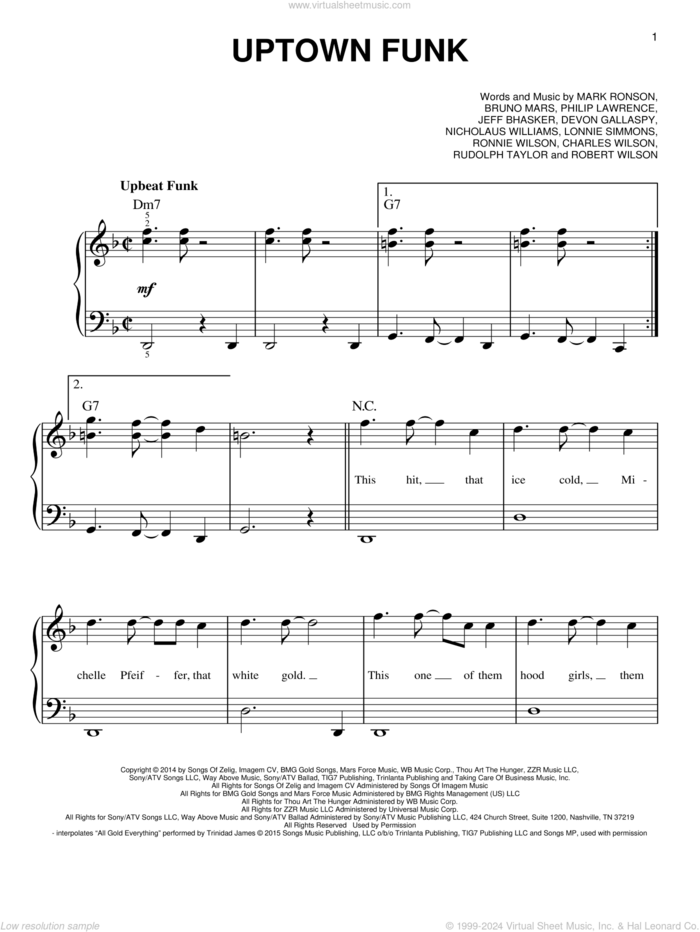 Uptown Funk (feat. Bruno Mars), (easy) sheet music for piano solo by Mark Ronson, Mark Ronson ft. Bruno Mars, Bruno Mars, Charles Wilson, Devon Gallaspy, Jeff Bhasker, Lonnie Simmons, Nicholaus Williams, Philip Lawrence, Robert Wilson, Ronnie Wilson and Rudolph Taylor, easy skill level