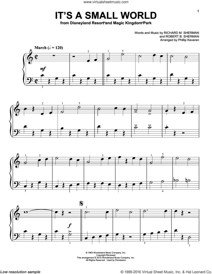 It's A Small World [Classical version] (arr. Phillip Keveren) sheet music for piano solo by Richard M. Sherman, Phillip Keveren, Miscellaneous, Robert B. Sherman and Sherman Brothers, easy skill level