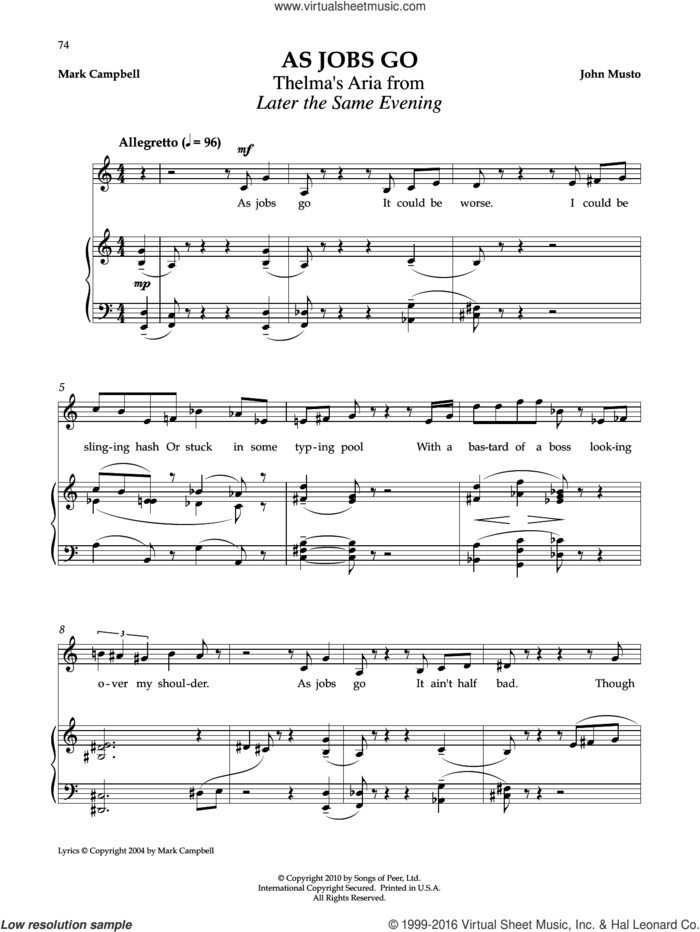 As Jobs Go sheet music for voice and piano by John Musto and Mark Campbell, classical score, intermediate skill level