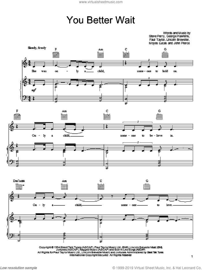 You Better Wait sheet music for voice, piano or guitar by Steve Perry, George Hawkins, John Pierce, Lincoln Brewster, Moyes Lucas and Paul Taylor, intermediate skill level