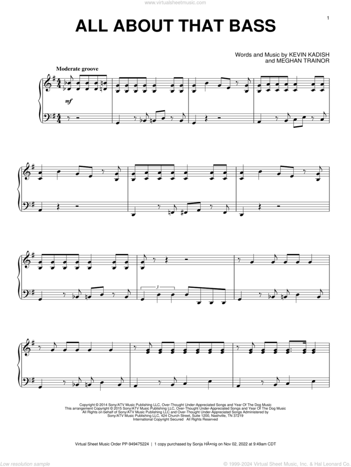 All About That Bass, (intermediate) sheet music for piano solo by Meghan Trainor and Kevin Kadish, intermediate skill level