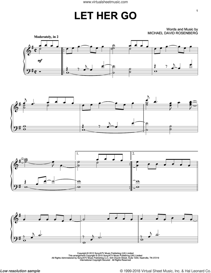 Let Her Go, (intermediate) sheet music for piano solo by Passenger and Michael David Rosenberg, intermediate skill level