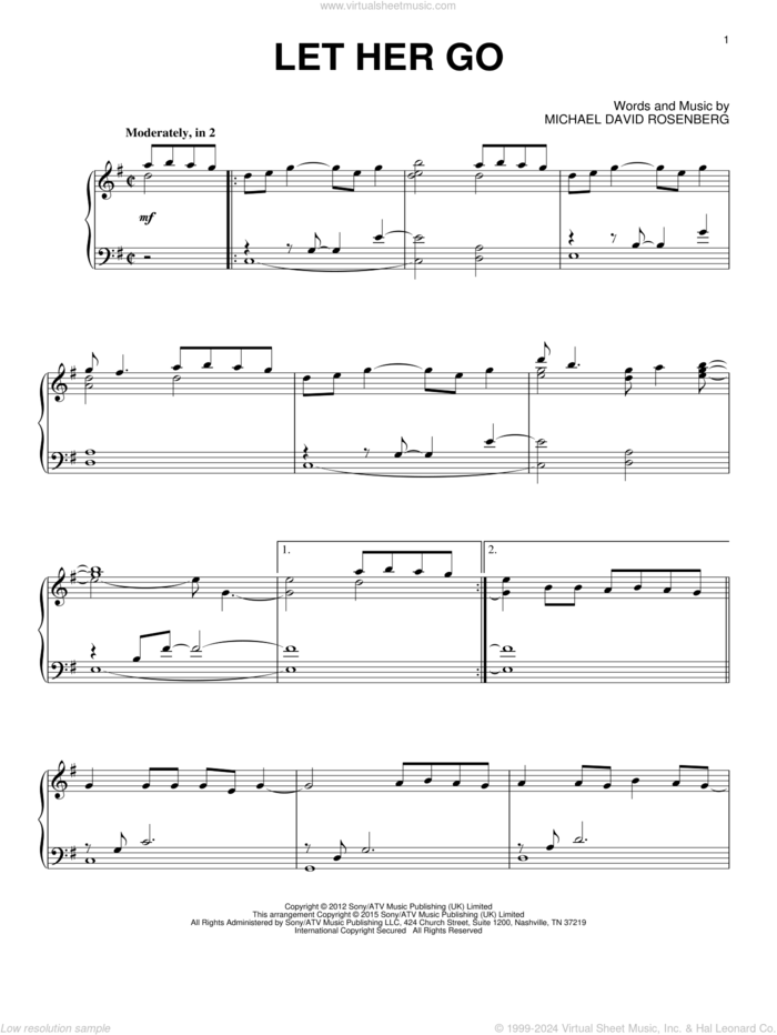 Let Her Go, (intermediate) sheet music for piano solo by Passenger and Michael David Rosenberg, intermediate skill level