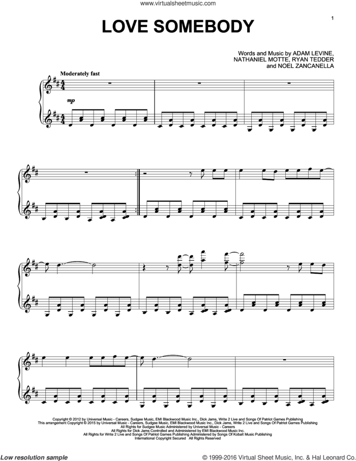 Love Somebody, (intermediate) sheet music for piano solo by Maroon 5, Adam Levine, Nathaniel Motte, Noel Zancanella and Ryan Tedder, intermediate skill level