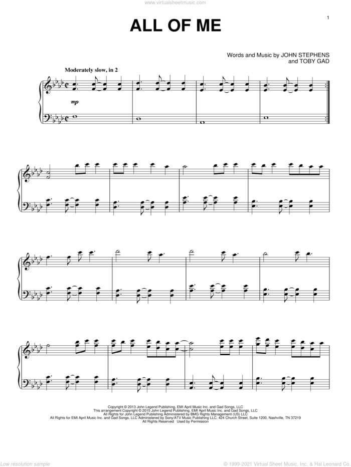 All Of Me, (intermediate) sheet music for piano solo by John Legend, John Stephens and Toby Gad, wedding score, intermediate skill level