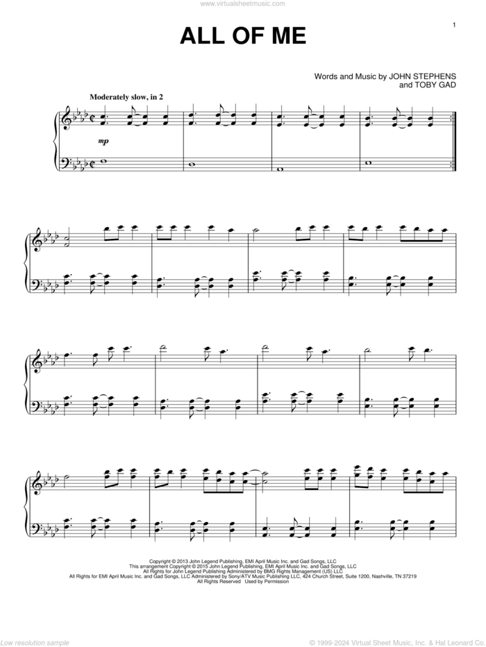 All Of Me, (intermediate) sheet music for piano solo by John Legend, John Stephens and Toby Gad, wedding score, intermediate skill level