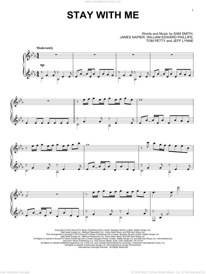 Stay With Me, (intermediate) sheet music for piano solo by Sam Smith, James Napier, Jeff Lynne, Tom Petty and William Edward Phillips, intermediate skill level