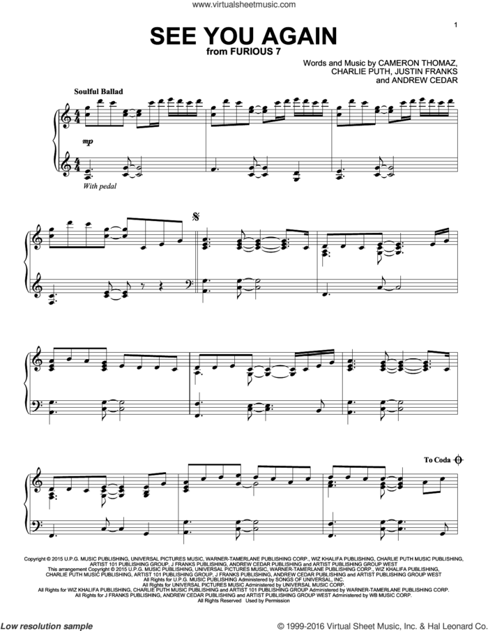See You Again sheet music for piano solo by Wiz Khalifa feat. Charlie Puth, Andrew Cedar, Cameron Thomaz, Charlie Puth and Justin Franks, intermediate skill level