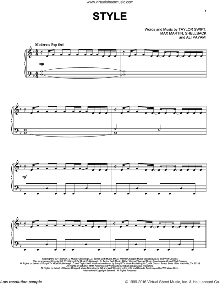 Style, (intermediate) sheet music for piano solo by Taylor Swift, Ali Payami, Johan Schuster, Max Martin and Shellback, intermediate skill level