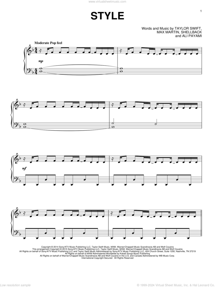 Style, (intermediate) sheet music for piano solo by Taylor Swift, Ali Payami, Johan Schuster, Max Martin and Shellback, intermediate skill level