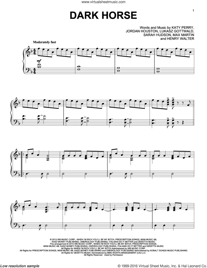 Dark Horse, (intermediate) sheet music for piano solo by Katy Perry, Henry Walter, Jordan Houston, Lukasz Gottwald, Max Martin and Sarah Hudson, intermediate skill level