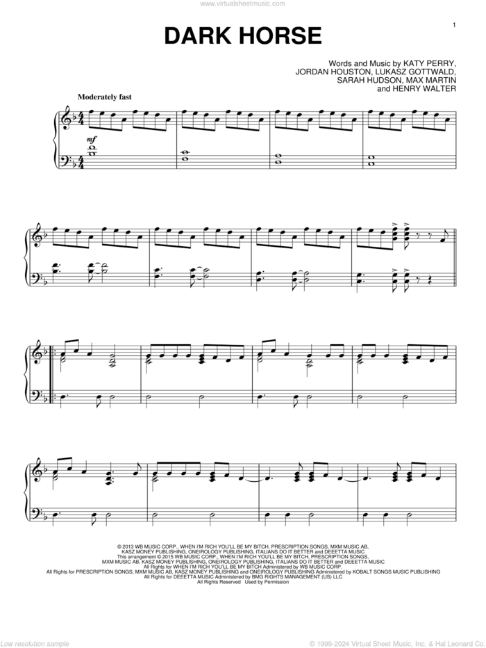 Dark Horse, (intermediate) sheet music for piano solo by Katy Perry, Henry Walter, Jordan Houston, Lukasz Gottwald, Max Martin and Sarah Hudson, intermediate skill level