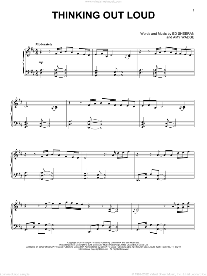 Thinking Out Loud sheet music for piano solo by Ed Sheeran and Amy Wadge, wedding score, intermediate skill level