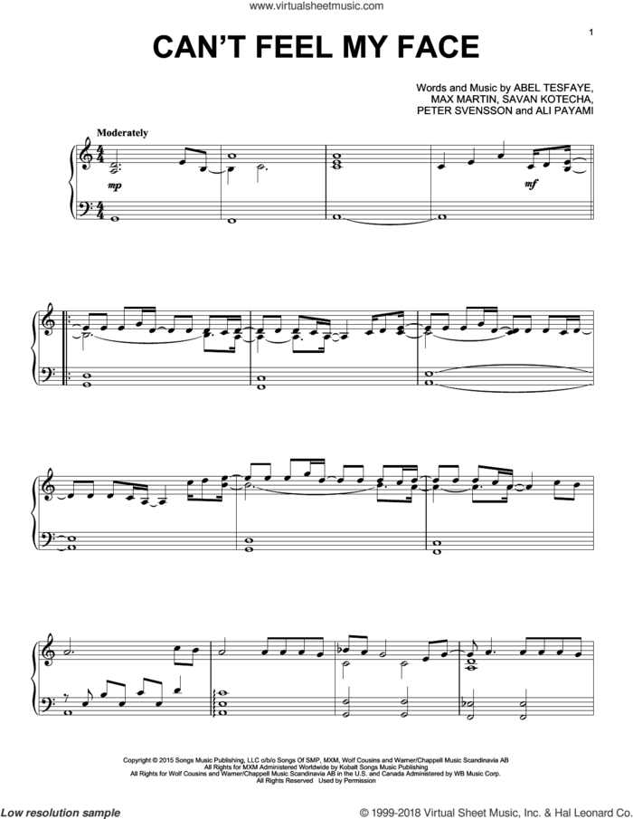 Can't Feel My Face sheet music for piano solo by The Weeknd, Abel Tesfaye, Ali Payami, Max Martin, Peter Svensson and Savan Kotecha, intermediate skill level