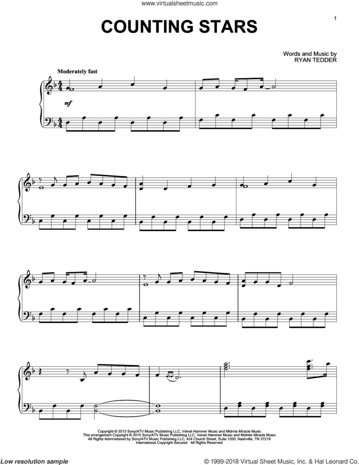Counting Stars, (intermediate) sheet music for piano solo by OneRepublic and Ryan Tedder, intermediate skill level