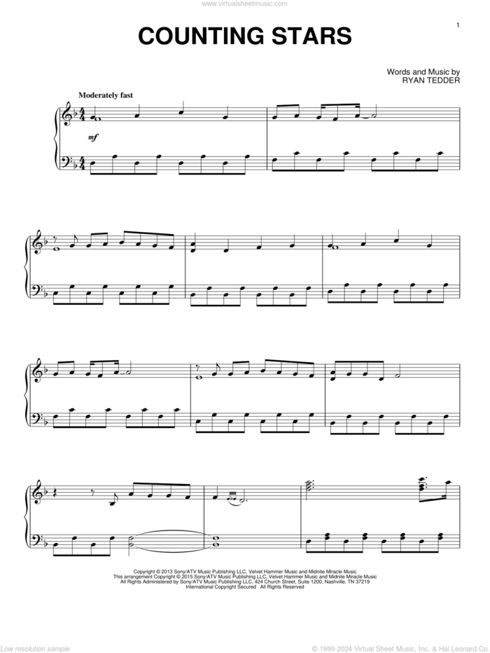 Counting Stars, (intermediate) sheet music for piano solo by OneRepublic and Ryan Tedder, intermediate skill level