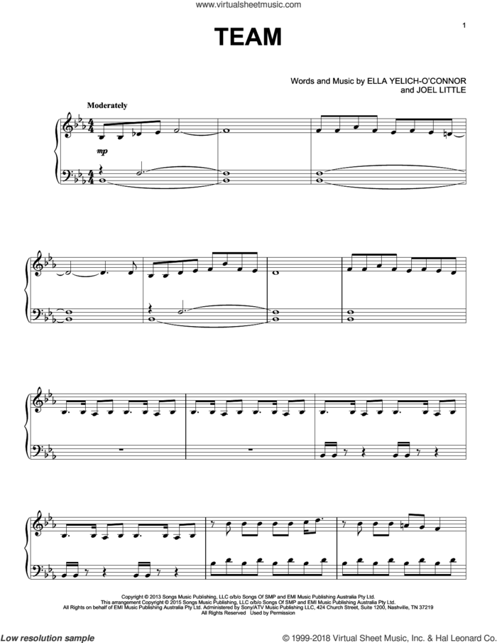 Team sheet music for piano solo by Lorde and Joel Little, intermediate skill level