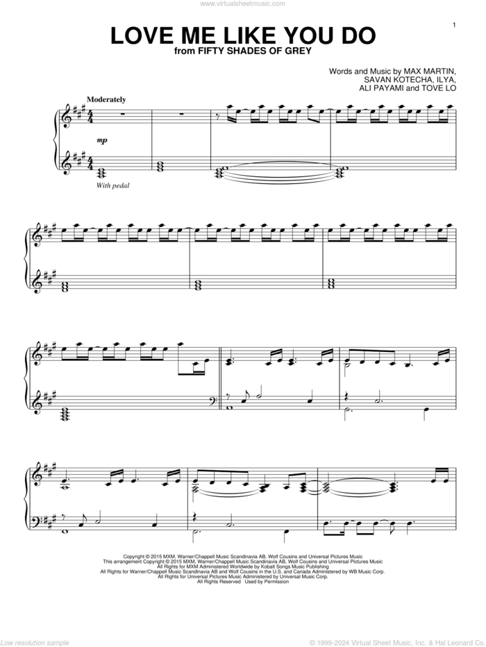 Love Me Like You Do, (intermediate) sheet music for piano solo by Ellie Goulding, Ali Payami, Ilya, Max Martin, Savan Kotecha and Tove Lo, intermediate skill level