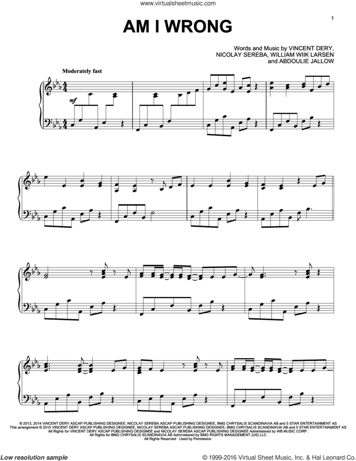 Am I Wrong sheet music for piano solo by Nico & Vinz, Abdoulie Jallow, Nicolay Sereba, Vincent Dery and William Larsen, intermediate skill level