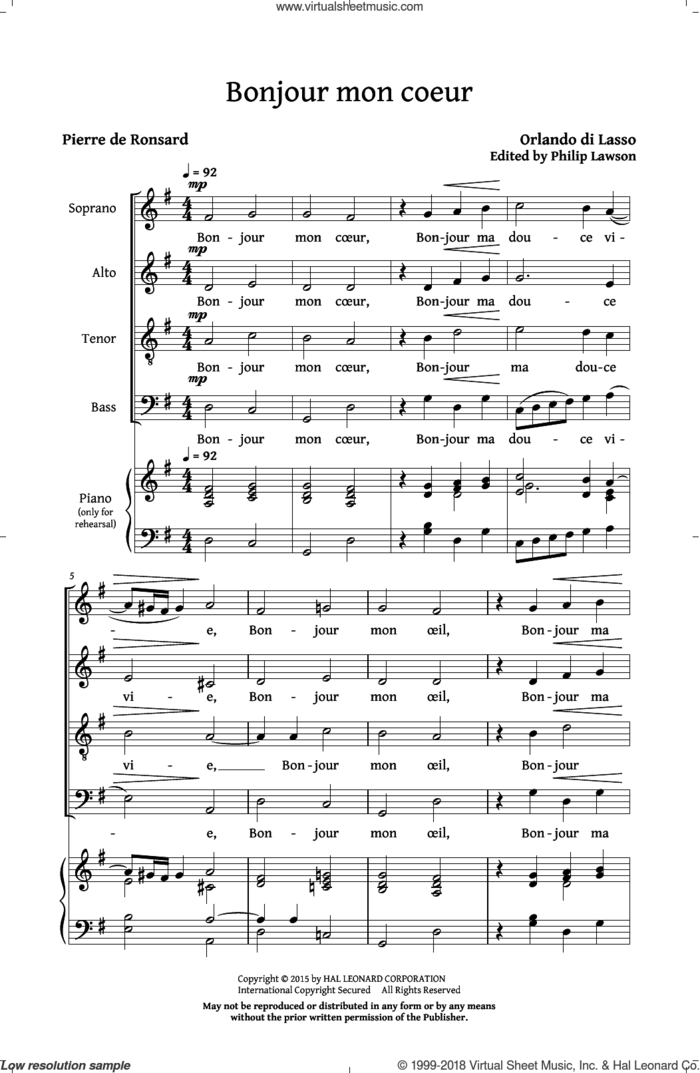 Bonjour Mon Coeur sheet music for choir (SATB: soprano, alto, tenor, bass) by Philip Lawson and Orlando di Lasso, intermediate skill level