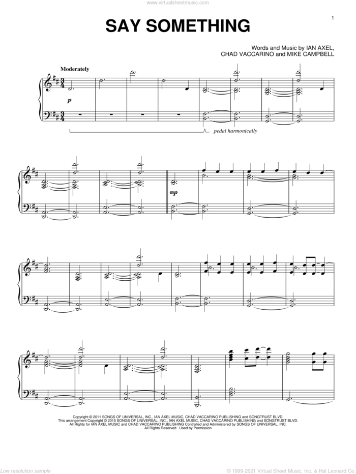 Say Something, (intermediate) sheet music for piano solo by A Great Big World, Chad Vaccarino, Ian Axel and Mike Campbell, intermediate skill level