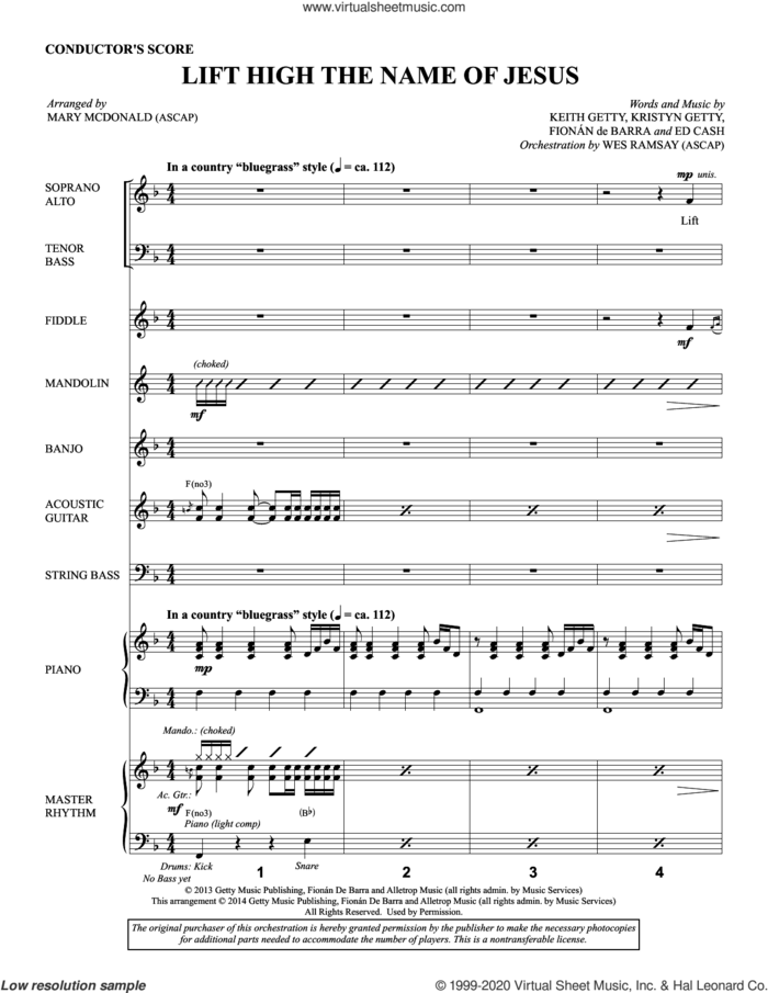 Lift High the Name of Jesus (COMPLETE) sheet music for orchestra/band by Ed Cash, Fionan De Barra, Keith Getty, Kristyn Getty and M McDonald, intermediate skill level